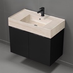 Floating Black Bathroom Vanity, Modern, 32 inch, Travertine Style Sink